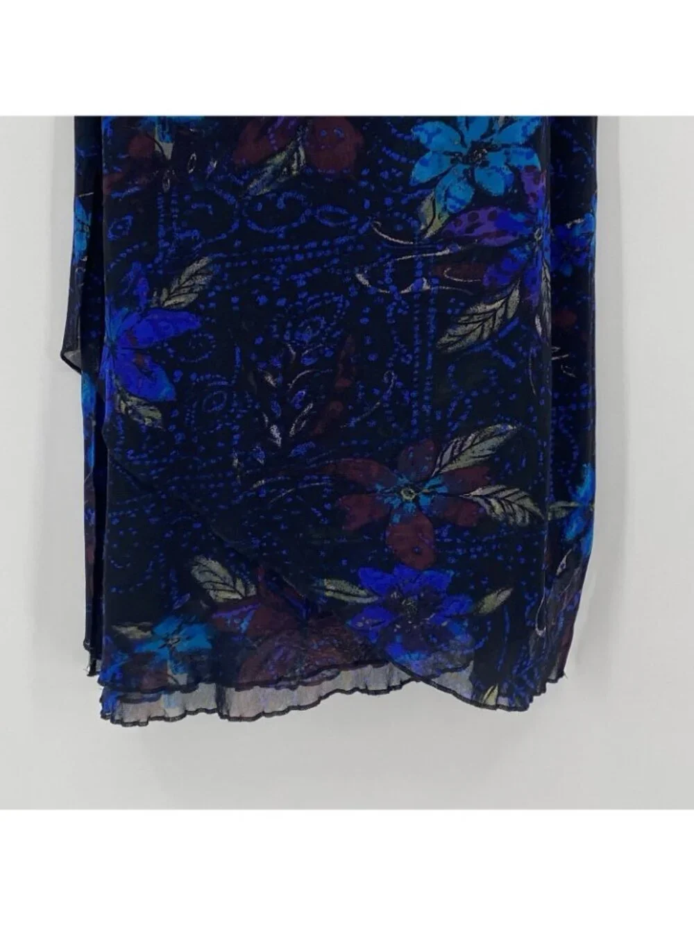 Chicos Layered Mesh Floral Print Midi Skirt Blue Black Womens Size 3 XL Vintage